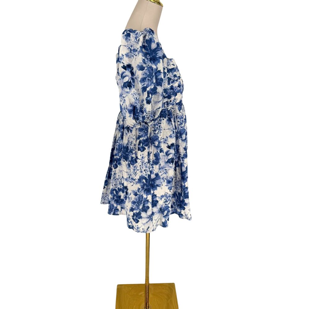 Abercrombie Emerson Mini Dress LP Petite Blue Floral Puff Sleeve Linen Pockets - Picture 7 of 13